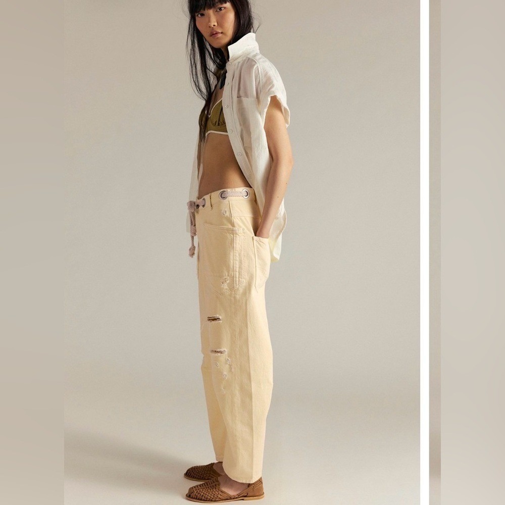 Free People Distressed Yellow Lemon Icing Y2K Moxie Barrel Jeans Size 31 NWT - Picture 4 of 5